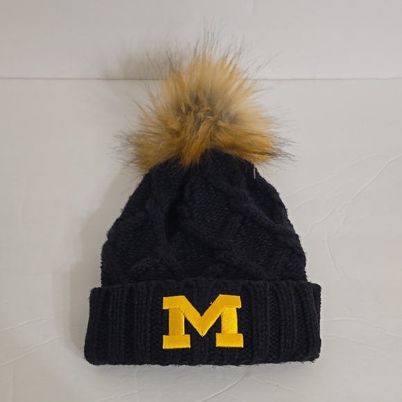 NCAA Michigan Wolverines Knit Beanie with Fur Pom - Maize & Blue - OS - Picture 9 of 10
